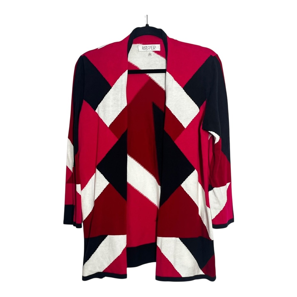 Kasper Womens Geometric Colorblock Open Front Cardigan‎ Red Black White Small